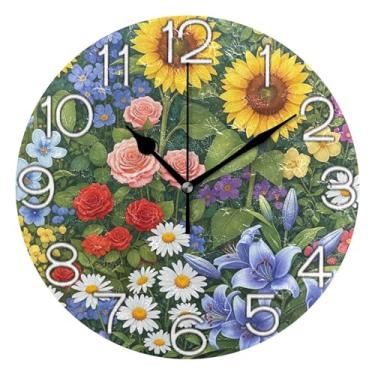 Imagem de GAIGEO Relógio de parede analógico decorativo com flores coloridas vibrantes e divertidas, relógio de cozinha moderno alimentado por bateria, decoração de parede de casa de fazenda moderna, 25 cm