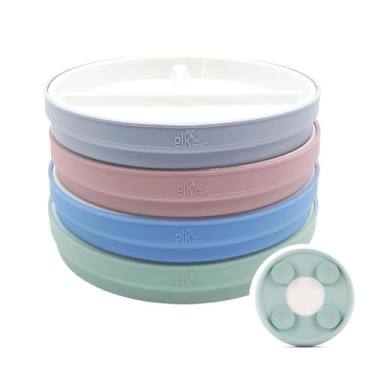 Imagem de Elk and Friends Pratos divididos brancos de porcelana infantil de 19,78 cm com mangas de sucção de silicone | Adequado para bebês/crianças | Seguro para micro-ondas e lava-louças | Louça Stay Put |