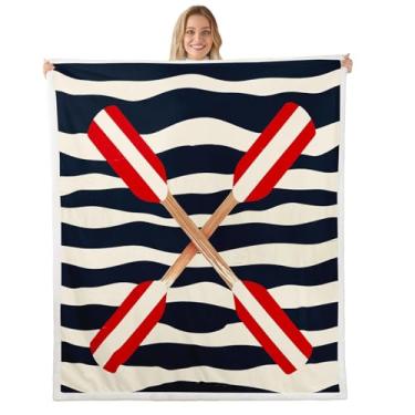 Imagem de Feelyou Cobertor de lã de remo para bebês 76,2 cm x 101,6 cm Cobertor de lã de ovelha com tema náutico oceano infantil meninos meninas azul marinho listras geométricas cobertor felpudo