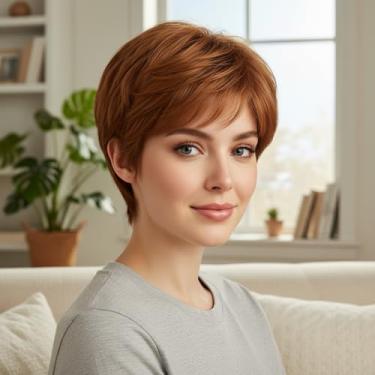 Imagem de Peruca curta com corte Pixie para mulheres, peruca sintética de aparência natural em camadas com franja, peruca de cabelo curto leve de 25 cm para uso diário (marrom)