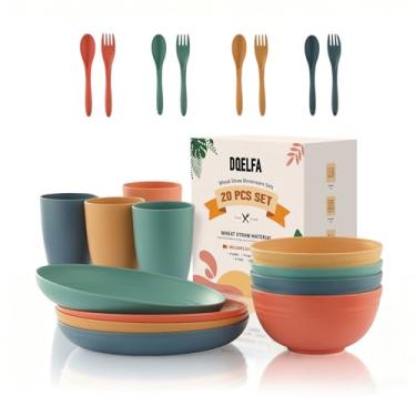 Imagem de Conjunto de 20 peças de louça de palha de trigo, conjuntos de pratos e tigelas DQELFA reutilizáveis para crianças, conjunto de pratos infantis inquebráveis, leves e inquebráveis, seguros para