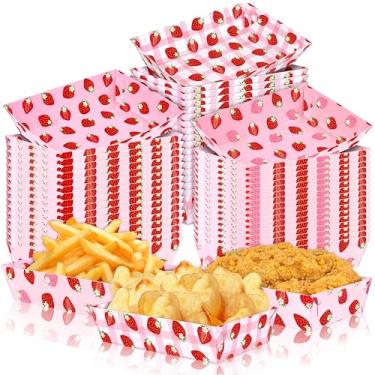Imagem de Renbuzhu 50 peças de bandejas de comida de papel para decoração de morango, baga a granel, primeiro aniversário, pratos rosa descartáveis, decorações de chá de bebê, suprimentos para lembrancinhas de