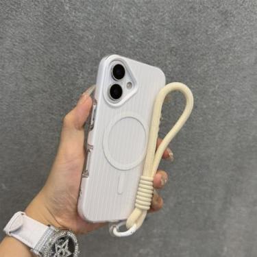 Imagem de Capa de silicone macio e ondulado, na cor de doce, para iPhone 13, 12, 14, 15 e 16 Pro Max, com cordão magnético. Cor branca. Compatível com iPhone 16 Pro Max.