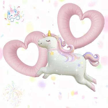 Imagem de Conjunto de 3 balões de unicórnio gigante e coração rosa/unicórnio de 95 cm com 2 balões de coração GG de 96,5 cm, decoração de festa arco-íris 3D para aniversários, chás de bebê e decorações com tema