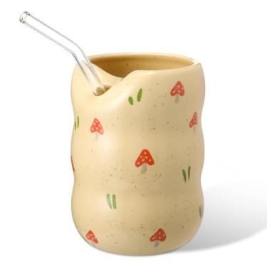 Imagem de Thenshop Caneca de cerâmica 382 g moderna xícara de café de cerâmica com furo para gole copo de cerâmica elegante com design de madeira para cozinha, jantar, chá, leite, presente de aniversário para