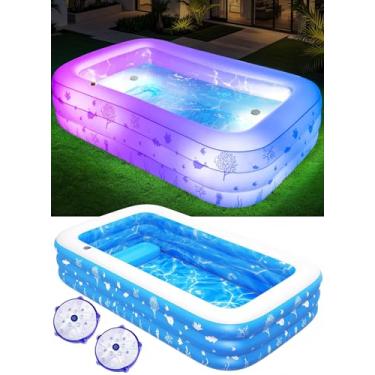 Imagem de Inflatable Pool with Seat and Pool Lights, Durable Thickened Large Size Family Inflatable Pools for Adults Blow Up Pools,100" x 63" x 22"Swimming Inflatable Kids PooI for Backyard,Outdoor (White)