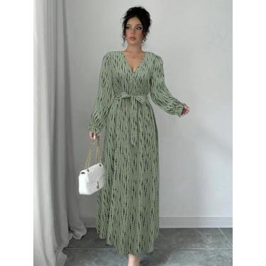 Imagem de Vestido maxi feminino listrado verde - vestido midi de manga comprida com decote em V e cinto, Verde, M