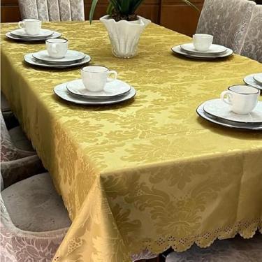 Imagem de Toalha de Mesa Jacquard Luxo Bordada Retangular para Mesa de 6 8 12 e 14 Lugares – Decoração de Mesa Elegante (AMARELO,12 LUGARES)