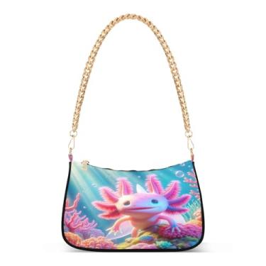 Imagem de Linda bolsa de ombro rosa com corrente axolotl, bolsa Hobo com estampa artística para mulheres, bolsa clutch versátil para uso diário ou festa
