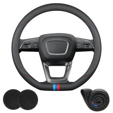 Imagem de Capa de volante de carro redonda e em forma de D universal para acessórios Audi Q5 A4 Q3 Q7 A5 Q6 Q8 A3 A6 Q4 A7 A8, couro napa com logotipo, antiderrapante e respirável, fundo plano de 35 a 38 cm