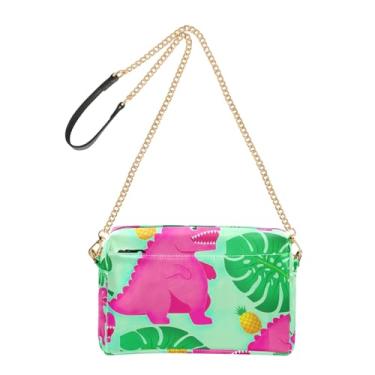 Imagem de Bolsa feminina transversal fofa rosa dinossauros folhas verdes bolsa para celular bolsa de couro PU bolsa de ombro alça de corrente