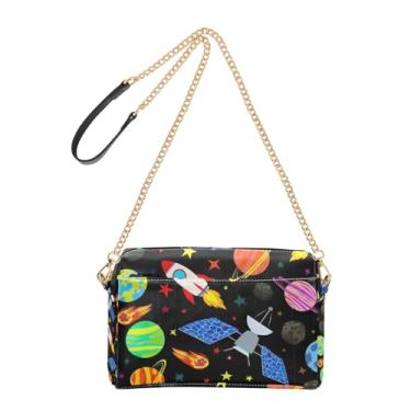 Imagem de Joitme Bolsa feminina tiracolo fofa com foguetes de desenho animado preta bolsa de ombro de couro PU com alça de corrente