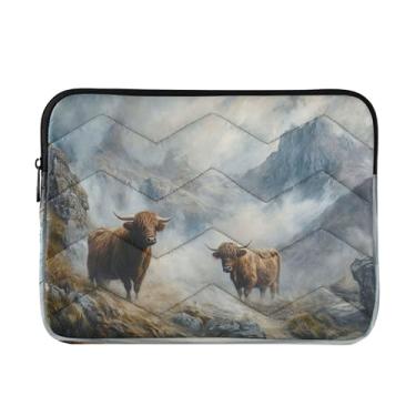 Imagem de Highland Cattle Mountains Bolsa feminina cinza para laptop de 15,6 polegadas, proteção abrangente, bolsa de colo