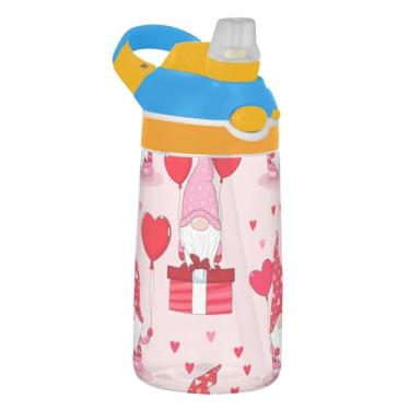 Imagem de Cute Gnomos Garrafa de água com balão de coração vermelho para crianças 473 ml Garrafa de água esportiva reutilizável Tritan com tampa de canudo 473 ml copo infantil portátil à prova de vazamento