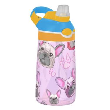 Imagem de Garrafa de água infantil Tritan de 473 ml com tampa de palha, garrafa de água esportiva portátil de 473 ml, copo infantil reutilizável à prova de vazamento, alça de transporte, buldogues franceses de
