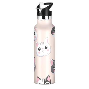 Imagem de Garrafa de água esportiva isolada para adolescentes, desenhos animados, gatos, rosa, 590 ml, livre de BPA, à prova de vazamento, copos infantis de aço inoxidável com tampa de canudo