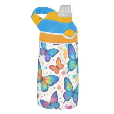 Imagem de Garrafa de água esportiva infantil Tritan de 473 ml com tampa de palha, garrafa de água reutilizável para escola, copo infantil de 473 ml, alça de transporte, borboletas coloridas gradientes de