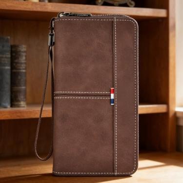 Imagem de Carteira masculina clássica marrom escuro longo aberto em relevo couro genuíno sensação fácil de carregar, design clássico longo aberto com padrão em relevo, sensação de couro, fácil de transportar
