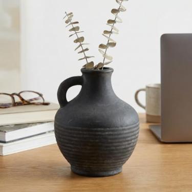 Imagem de Vaso de cerâmica preto, vaso rústico de fazenda com alça, vasos pequenos de argila terracota de 15 cm, centros de mesa para mesa de jantar, sala de estar, quarto, entrada, decoração de prateleira