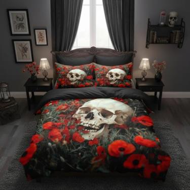 Imagem de CCoutueChen Conjunto de edredom de caveira gótica, tamanho king, floral, preto, vermelho, macio, com 2 fronhas, ótima decoração de quarto/104 x 90