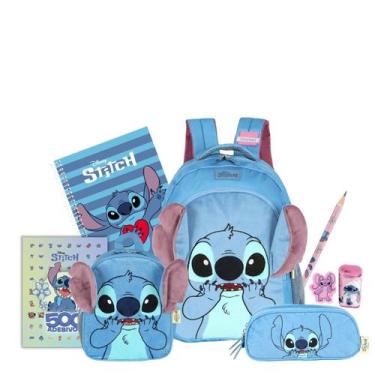 Imagem de Kit Mochila Stitch Costas Pelucia Lancheira E Estojo Triplo Cor:Azul, 