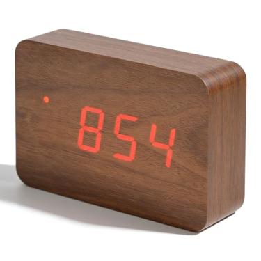 Imagem de Vvikizy Despertador de madeira, despertador digital LED com controle de voz e exibição de temperatura 12 modo de horário 24h para quarto escritório mesa de cabeceira (madeira marrom + luz vermelha)