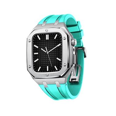 Imagem de BKUANE Capa de metal para Apple Watch 6 44mm protetor pulseira de silicone para IWatch 8,7, 45mm 6 5 4 SE 44mm acessórios capa protetora completa masculina (cor: prata lago azul, tamanho: