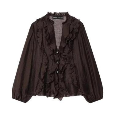 Imagem de Camisa Feminina De Manga Longa Com Decote Em V Marrom Escuro Outono 20