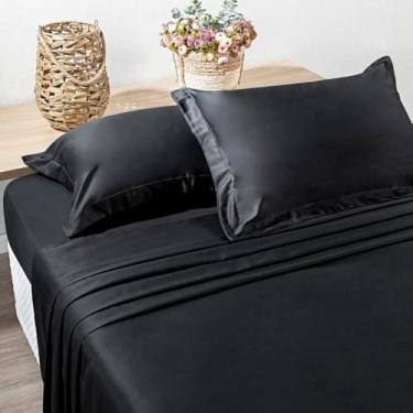 Imagem de Jogo de Lençol 4 Peças 400 fios Algodão - Fio Egípcio - Aba Americana (Preto, QUEEN)
