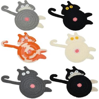 Imagem de Porta-copos fofos de gato para mesa, pacote com 6 porta-copos de tecido engraçado para decoração, presentes criativos para amantes de gatos, porta-copos de café de crochê feito à mão para decoração de