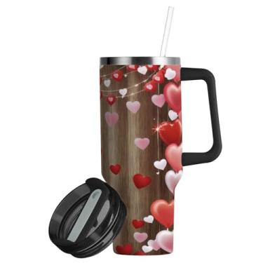 Imagem de ATTX Copo de coração vermelho rosa de 850 g com alça, copo de aço inoxidável a vácuo de parede dupla com palha, caneca de café de viagem isolada #420