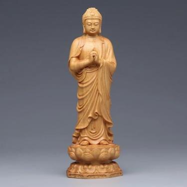 Imagem de FENNYYAR Escultura em madeira Sakyamuni estátua esculpida em madeira maciça, 20 cm, 20 cm, estátuas de Buda, sala de casa, escritório, decoração Feng Shui