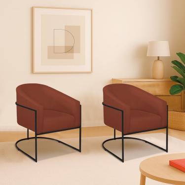 Imagem de Kit 2 Poltronas Decorativa Jade Moderno Escritório Confortável Luxo Base De Ferro Preto Bouclé Cor Terracota