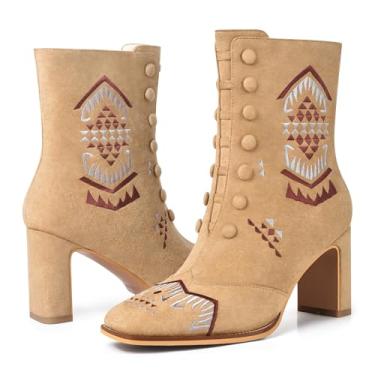 Imagem de JANSEVEN Botas femininas de camurça com salto grosso, bordadas, salto médio, bico quadrado, botas curtas confortáveis com zíper, Nude., 38