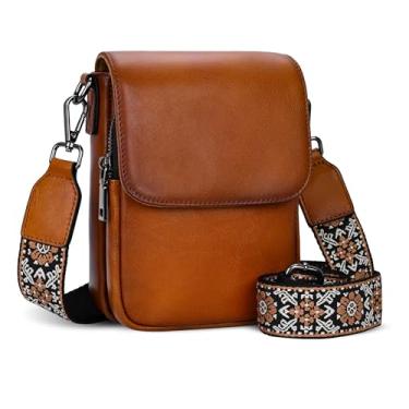 Imagem de HESHE Bolsa tiracolo feminina de couro pequena com bloqueio de RFID, bolsa de viagem antirroubo com alças largas, Marrom claro, Small, Casual