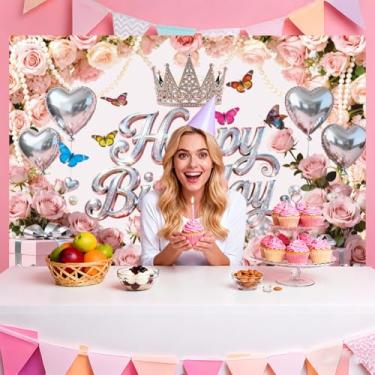 Imagem de WADORN Pano de fundo para decoração de feliz aniversário, 1,5 x 1,8 m, coroa rosa, flores, presentes para festa de aniversário, pano de fundo, para mulheres, meninas, aniversários, fotos, cabine de