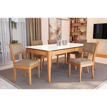 Imagem de Conjunto Mesa Mira Premium Madeira Maciça c/ Tampo Madeirado c/ Vidro 200x100cm e 6 Cadeiras Alice Carvalho/Off White - Boucle Bege Fendi Kappesberg