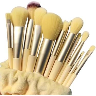 Imagem de Kit de Pincéis de Maquiagem com 13 Peças, Cerdas Sintéticas Premium, Cabos Ergonômicos, com Estojo de Veludo (Amarelo)