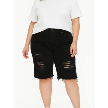 Imagem de Bermuda Feminina Jeans Preto com Rasgo e Barra Desfiada Plus Size Shorts Reto Jeans-Feminino