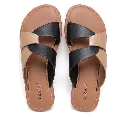 Imagem de Luoika Sandálias femininas planas de largura larga, sandália deslizante com tiras, sapatos elegantes de verão para mulheres., Ouro preto 901, 12 X-Wide