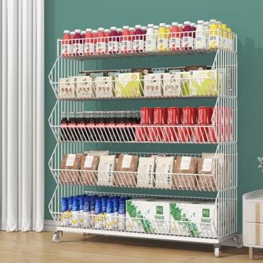 Imagem de Cestas empilháveis de armazenamento de arame grandes – Expositor de lanche de supermercado rolante de 5 níveis, organizador para batatas fritas, frutas, legumes, doces – 90 cm de altura, solução de