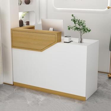 Imagem de Mesa de recepção moderna - balcão de caixa frontal com gaveta e armário com trava para escritório, salão de beleza, saguão - Design funcional e elegante para espaços de trabalho