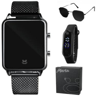 Imagem de relogio digital feminino quadrado aço + oculos sol + caixa casual moda