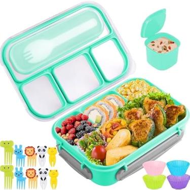Imagem de Bento Box, lancheira 1300 ml para adultos e crianças com 4 compartimentos e palhetas de comida, copos de bolo, à prova de vazamento, seguro para micro-ondas/máquina de lavar louça/freezer (verde)