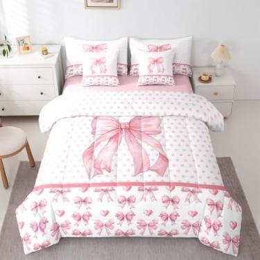 Imagem de Feelyou Conjunto de edredom solteiro com laço rosa com estampa de bolinhas, 7 peças, para decoração de quarto de princesa, macio, leve e macio
