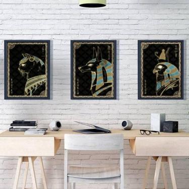 Imagem de Kit 3 Quadros Místicos Animais Egípcios 33X24 Moldura Preta