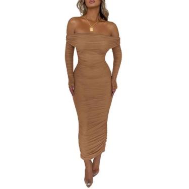 Imagem de Vestido PRETTYGARDEN Maxi Ombro a Ombro com Manga Longa Franzido Marro