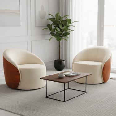 Imagem de Poltrona Sala Orgânica Kit 2 Lua Fixa Sintético PU Nozes/Bouclê Bege D03 - D'Rossi