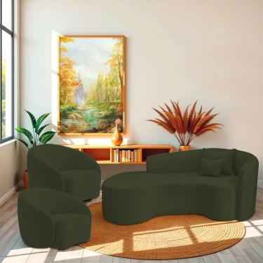 Imagem de Kit Recamier Curvo Sala De Estar Inglaterra 200cm Lado Direito E 2 Poltronas Orgânica Luxo Amore Linho Verde