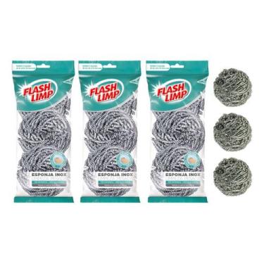 Imagem de Esponja Palha De Aço Inox Para Limpeza Pesada - 9 Esponjas - Flash Lim